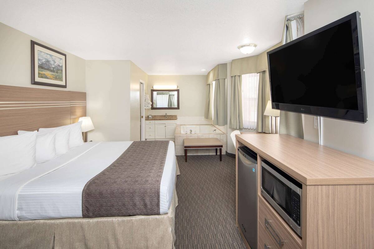 A hotel room with a bed, a desk with a flat-screen TV, a microwave, a sink, and a mirror.