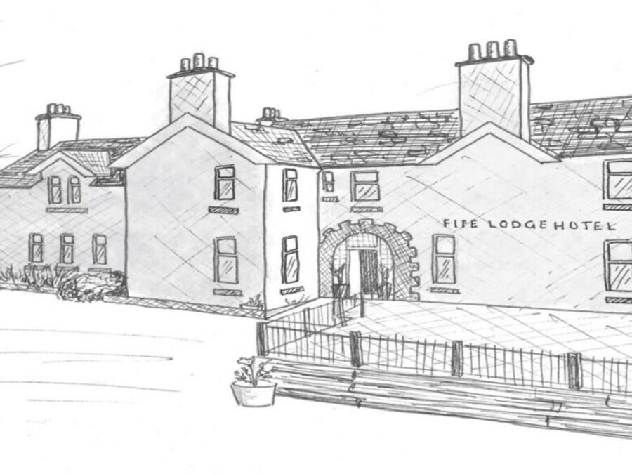 A sketch of the Five Lodge Hotel, featuring a main building with a large entrance and several smaller attached structures.