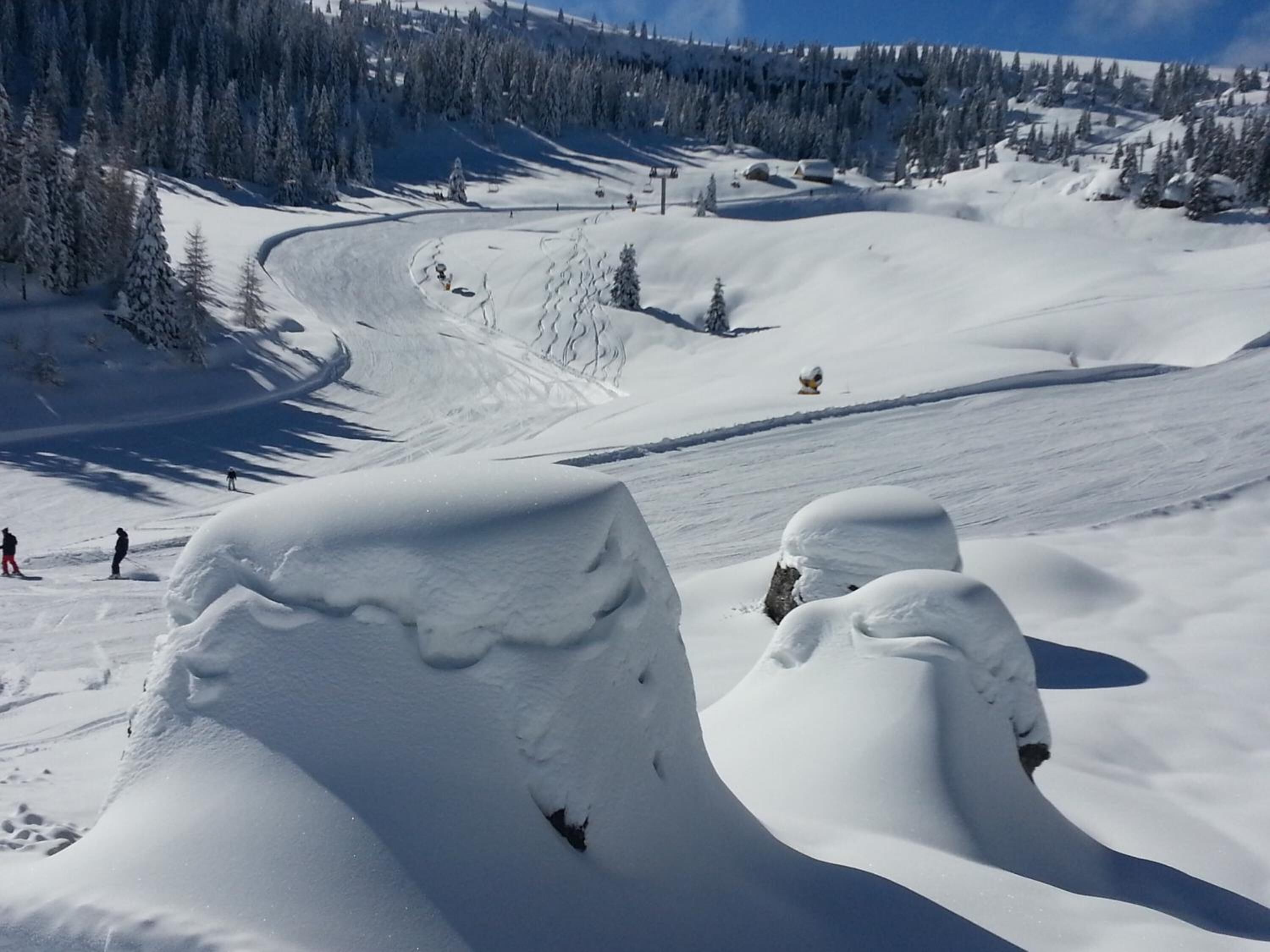 A snow-covered ski slope with trees and a clear sky.