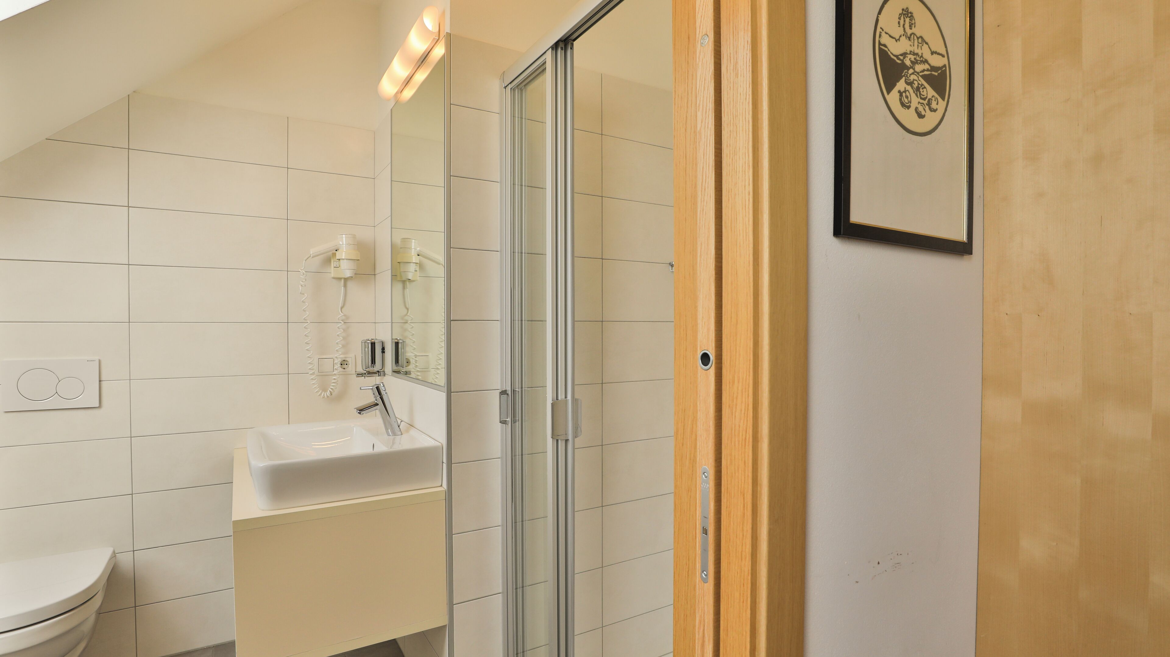 A modern bathroom with a glass shower enclosure, a white sink, and a toilet.