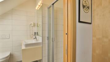 A modern bathroom with a glass shower enclosure, a white sink, and a toilet.
