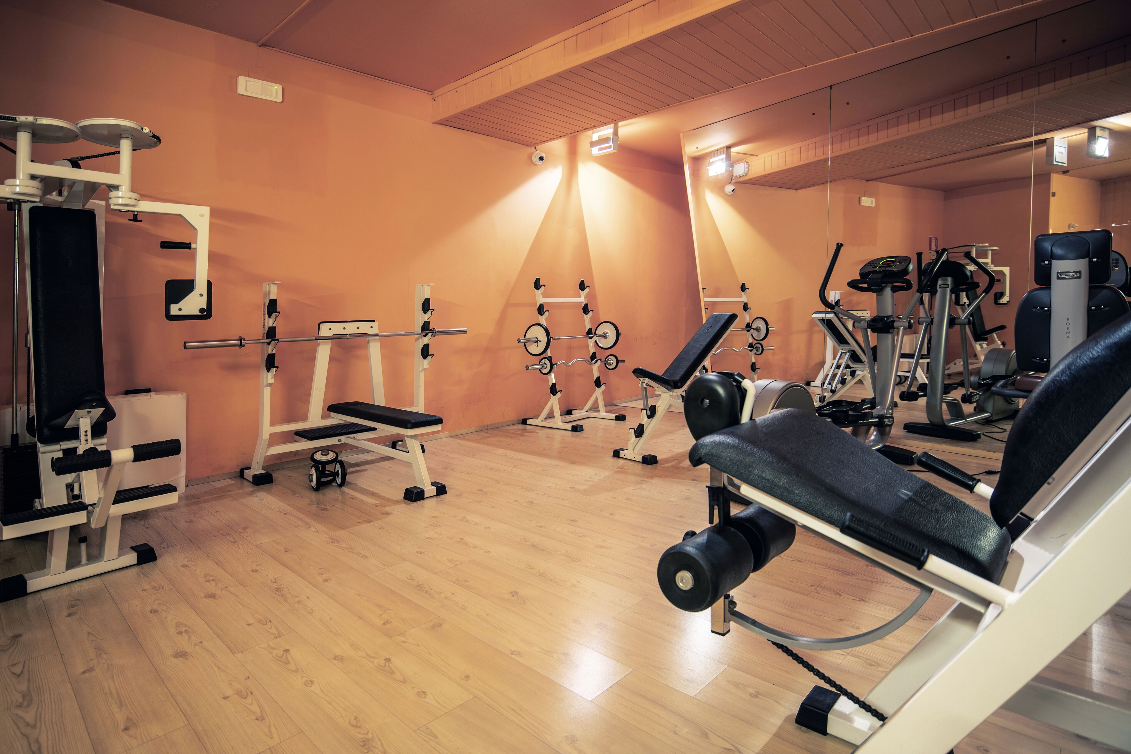 Een sportschool met diverse fitnessapparaten, waaronder een bankdrukpers, krachttoestellen en losse gewichten.