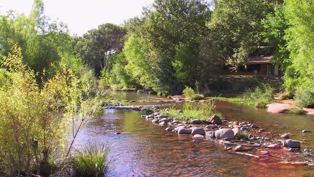 En flod der snor sig gennem et skovområde med sten og grønt.