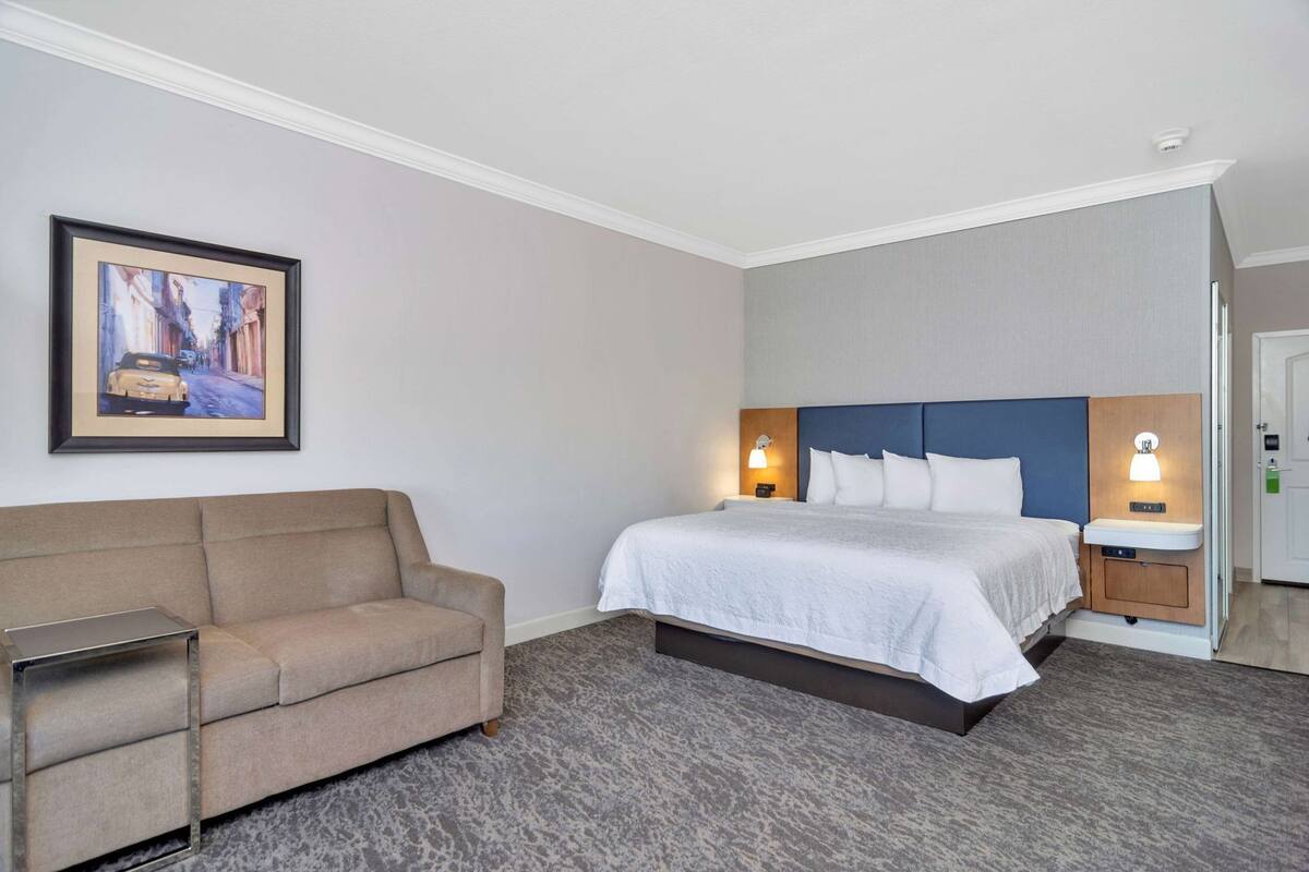 A hotel room with a bed, a sofa, a nightstand, a wall-mounted lamp, and a framed picture on the wall.