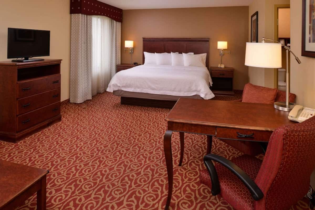 Een hotelkamer met een bed, een bureau, een stoel, een televisie, een lamp en een telefoon.