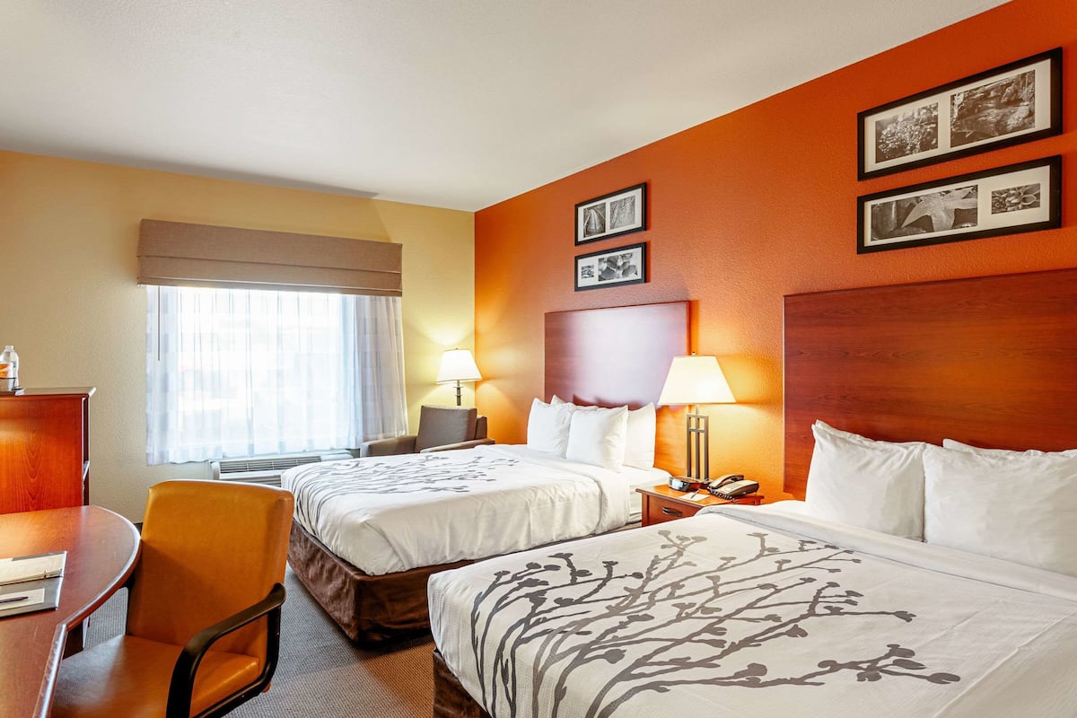 A hotel room with two beds, a desk, and a chair. There are two bedside tables with lamps and a telephone. The room has a large window with curtains and a view of the outside.