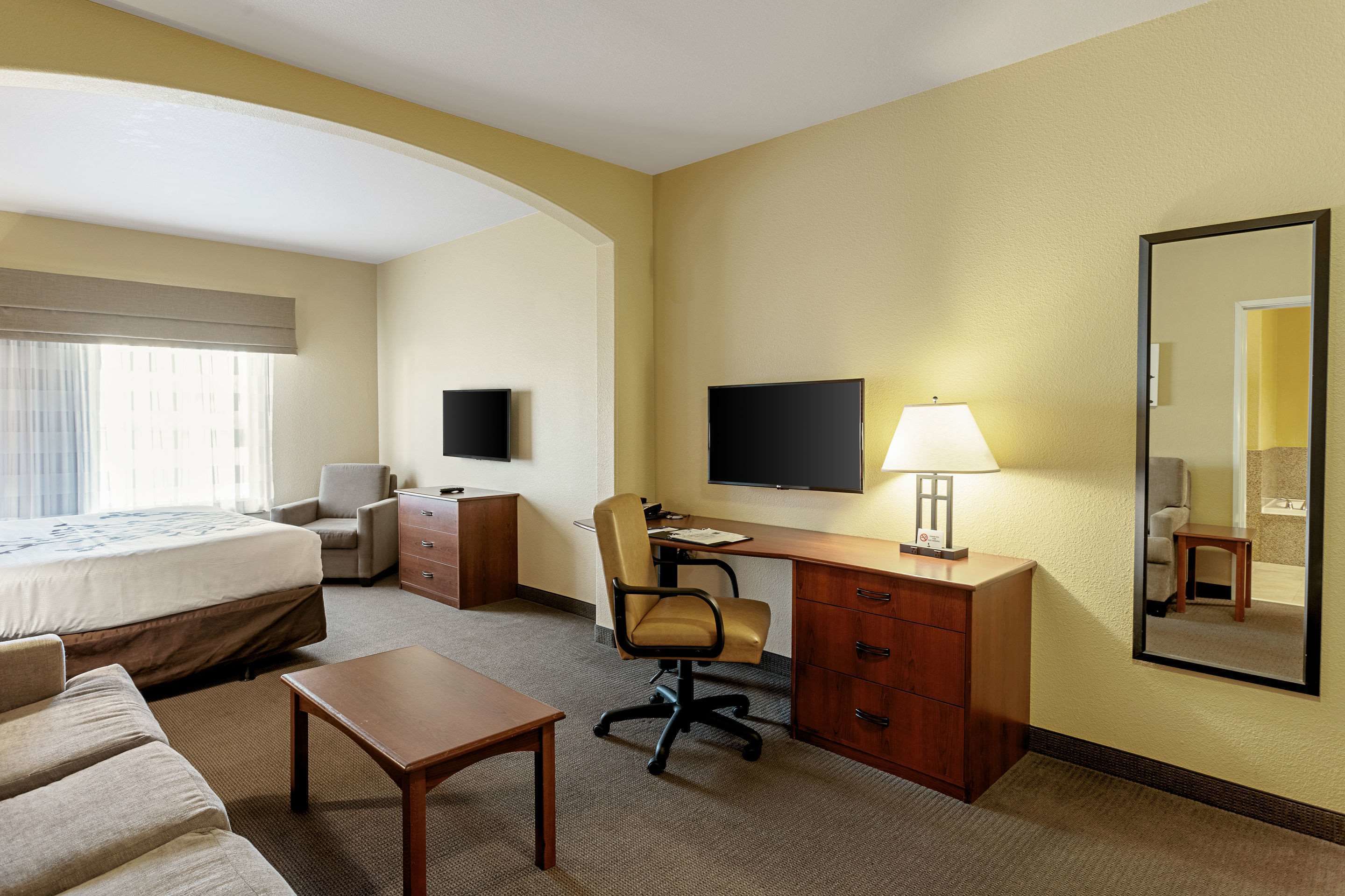 A hotel room with a bed, desk, chair, TV, lamp, and a mirror.