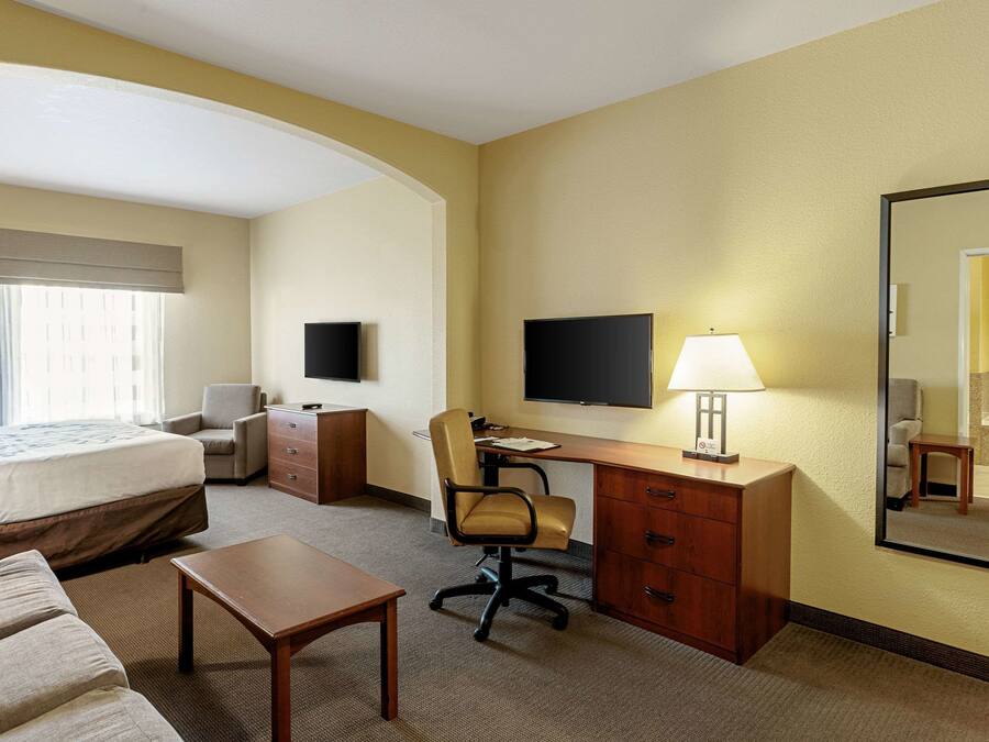 A hotel room with a bed, desk, chair, TV, lamp, and a mirror.