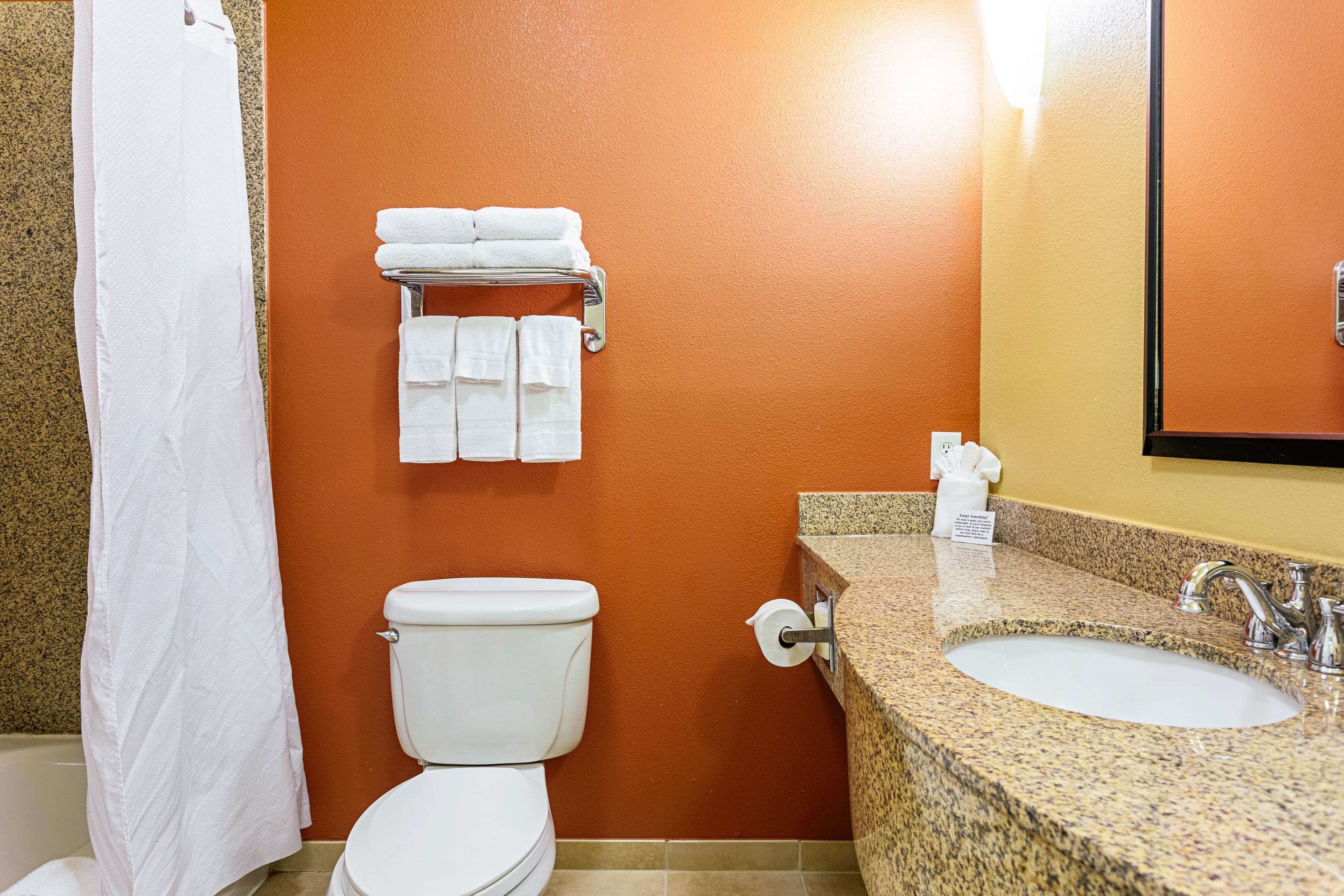 Un bagno con un water bianco, un lavabo con piano in granito e un portaservizi con asciugamani piegati.