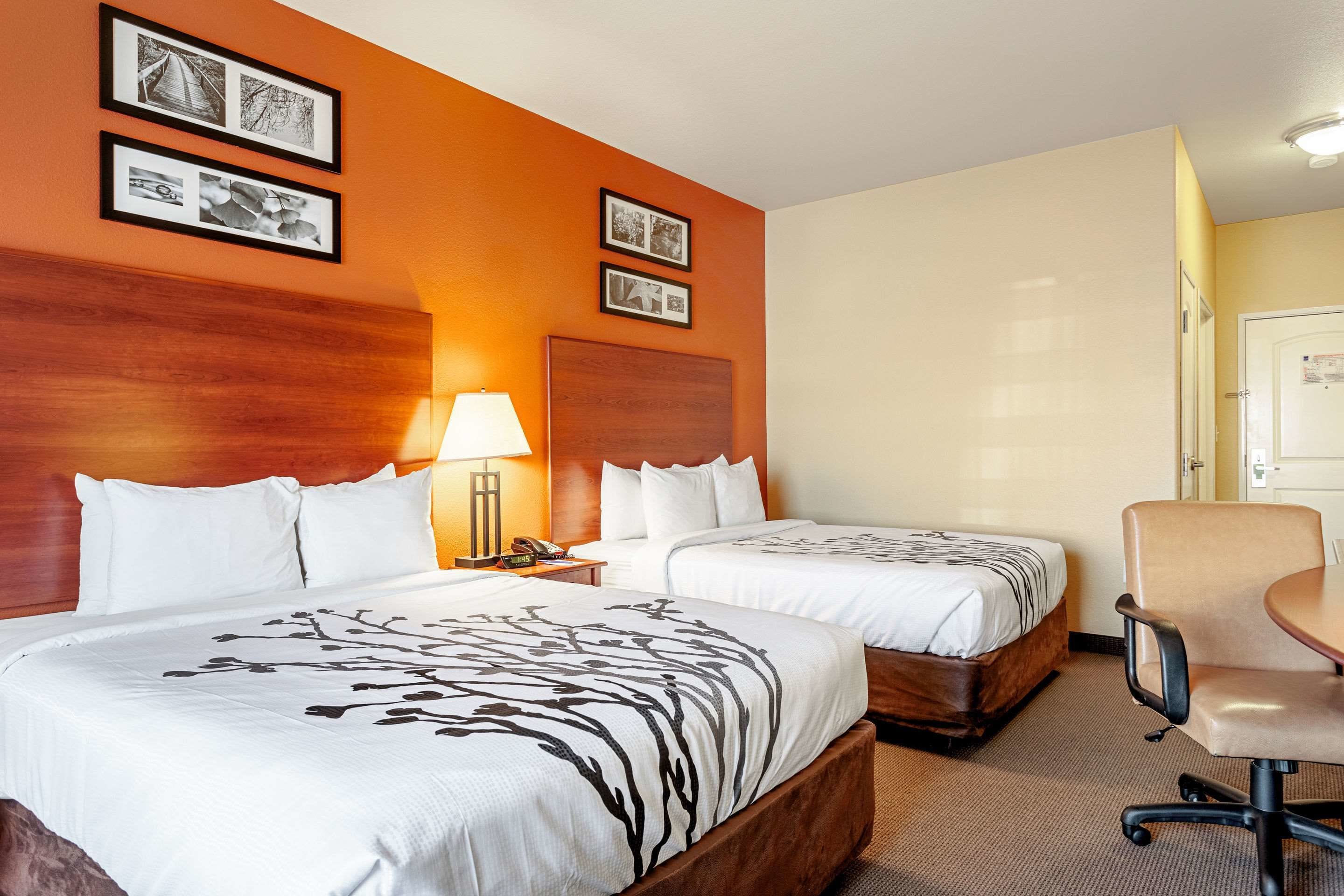 A hotel room with two beds, a desk, a chair, and a lamp.