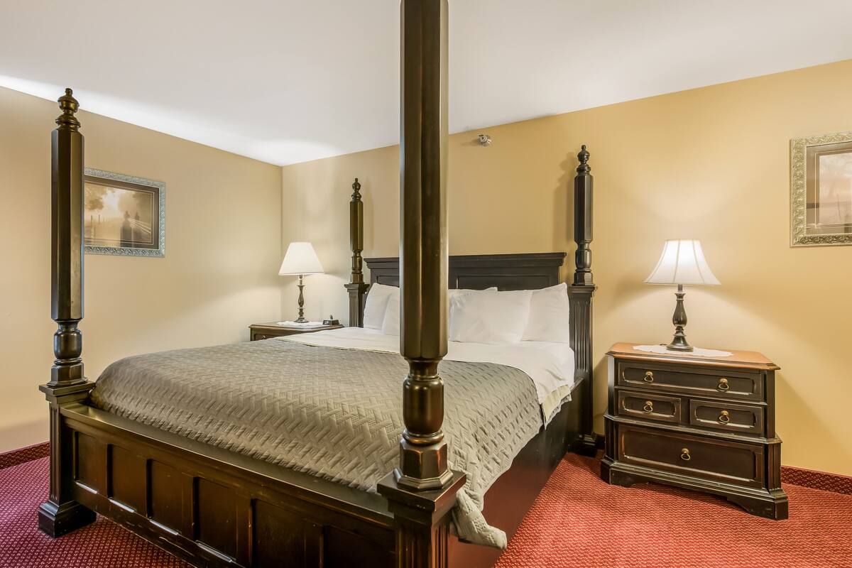 A four-poster bed with a wooden frame, a nightstand with a lamp, and a dresser with drawers.