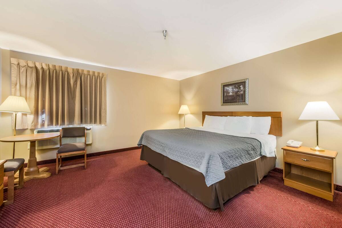 A hotel room with a bed, a desk, a chair, a lamp, and a picture on the wall.