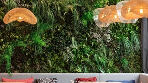 A restaurant interior with a green wall, hanging lights, and a grey sofa. - ibis Ciboure St Jean De Luz Hotel (Ciboure)
