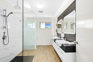 Shower, hair dryer, towels