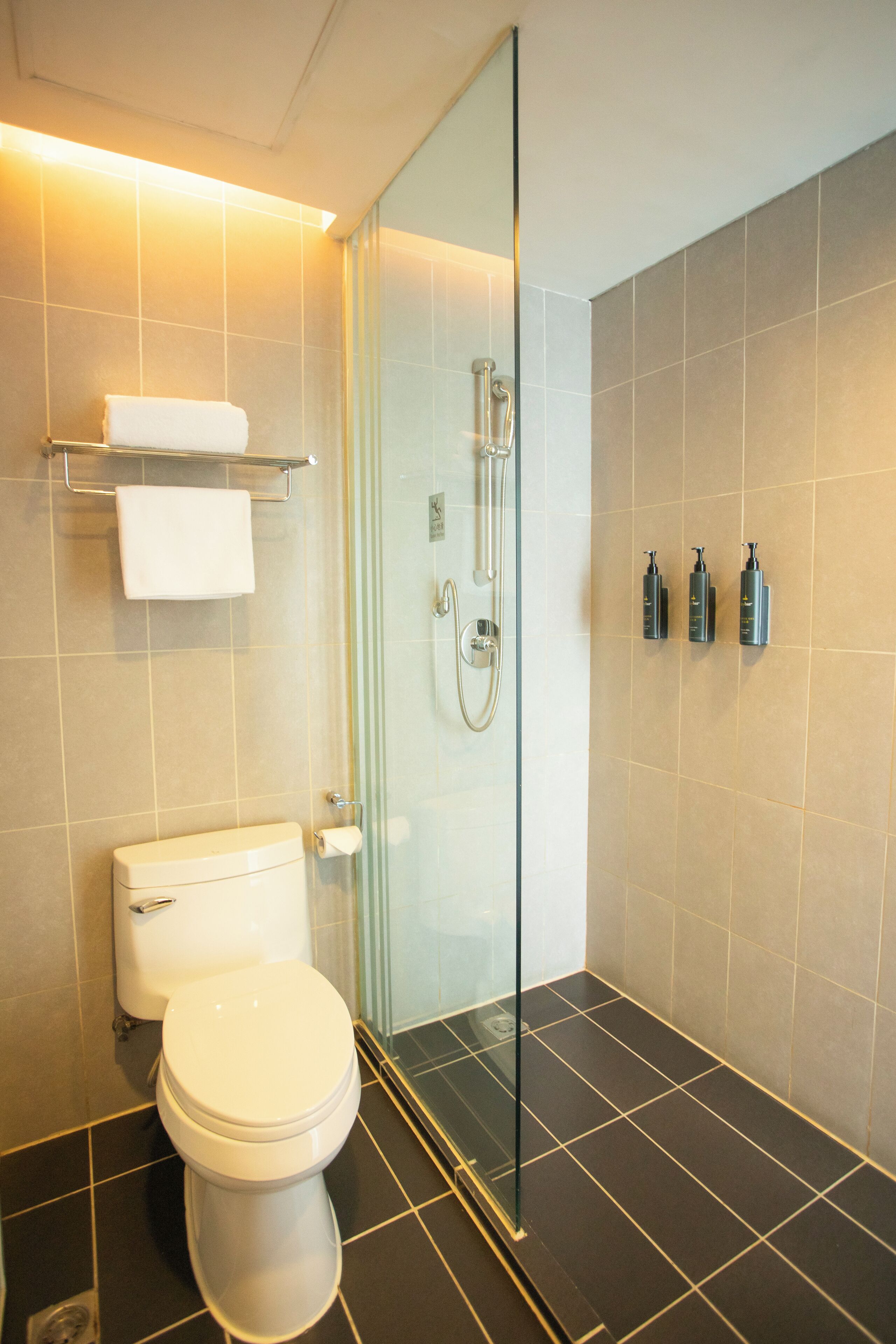 Une salle de bain moderne avec des toilettes, une douche en verre et des produits de toilette fixés au mur.