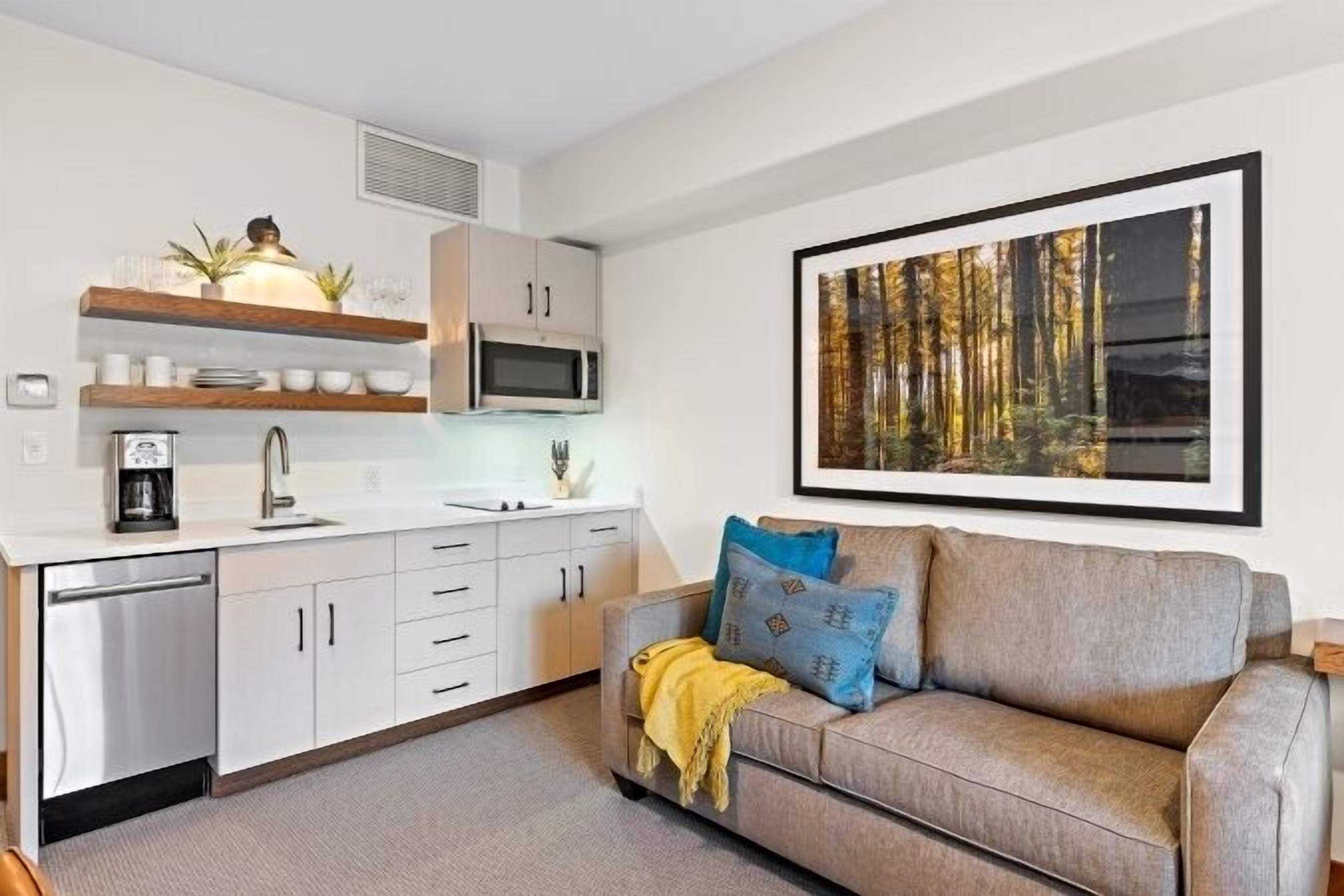 A modern kitchen with white cabinets, a microwave, and a coffee maker. There is a gray sofa with blue and yellow cushions in the living area. A large framed picture of a forest is on the wall.
