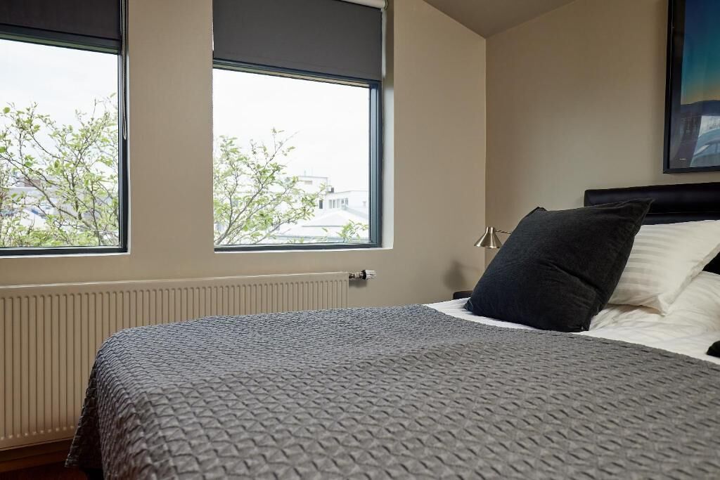 Un dormitorio con una cama, dos ventanas, un radiador y un cuadro en la pared.