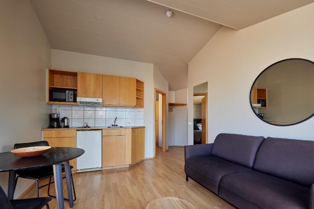 A compact living space with a kitchen, dining area, and a large mirror.