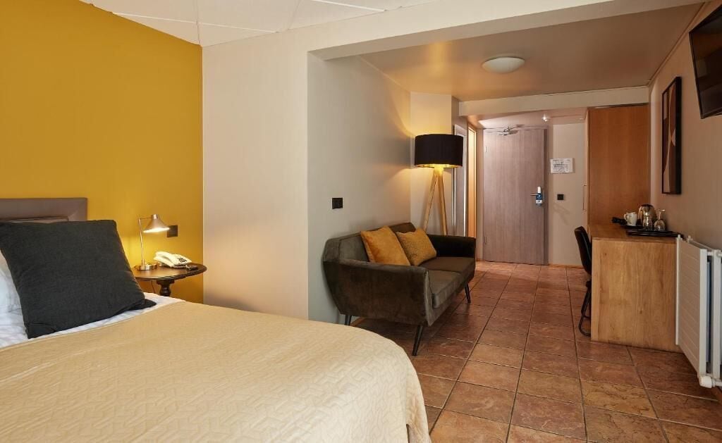 Una habitación de hotel con una cama, un escritorio, un sofá y una lámpara.