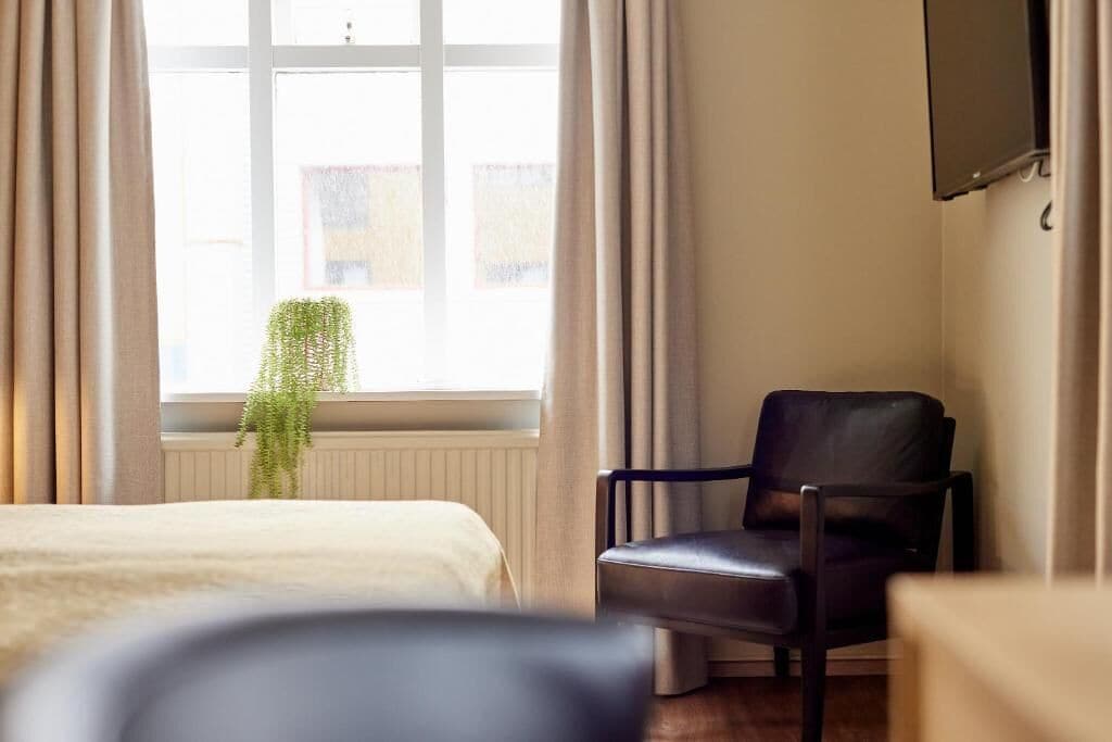 A hotel room with a bed, a chair, a window with curtains, and a plant.