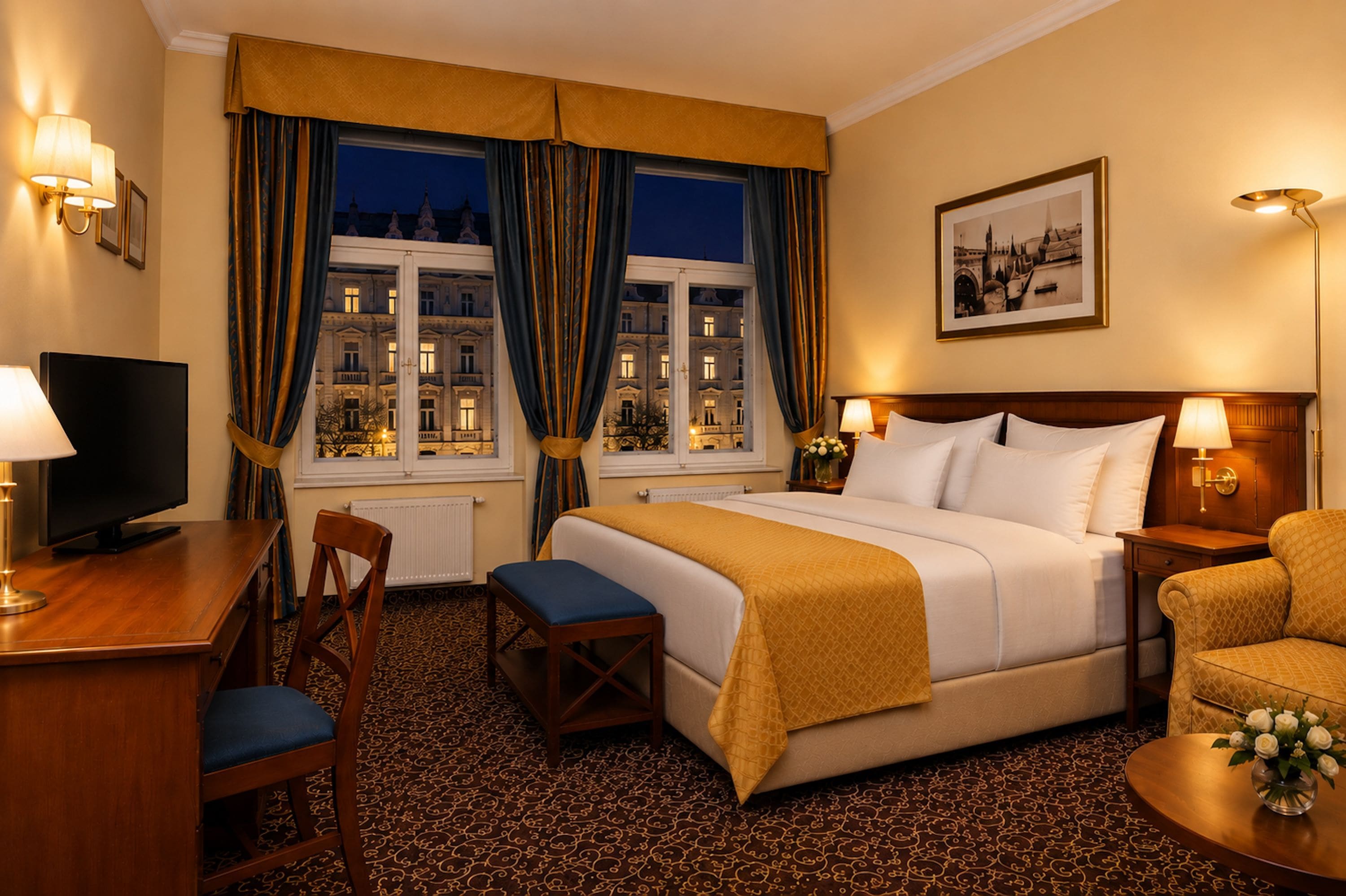 Habitación de hotel con cama, mesitas de noche, escritorio, silla, televisor y ventana con cortinas.