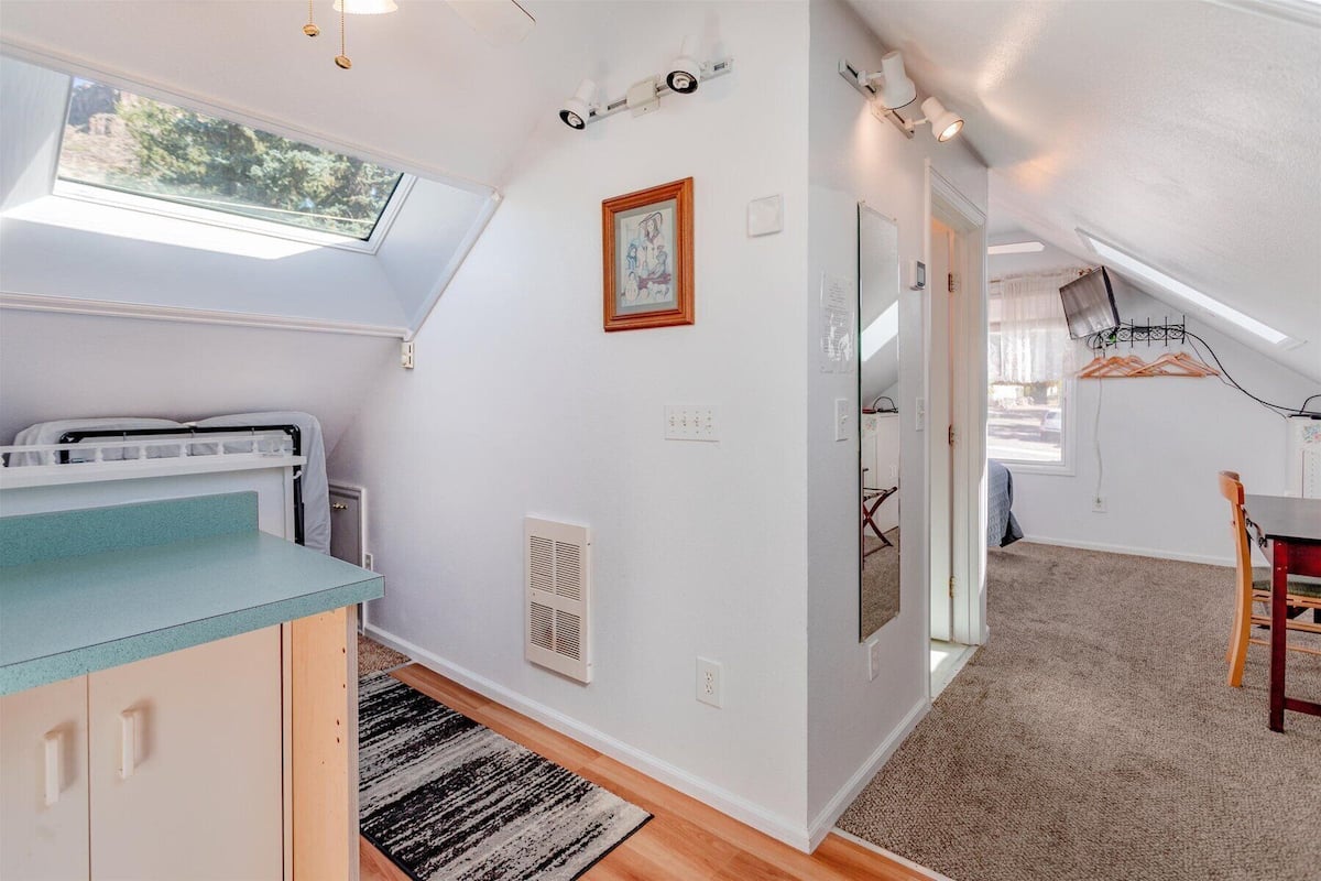 A room with a skylight, a bed, a desk, a chair, and a radiator.