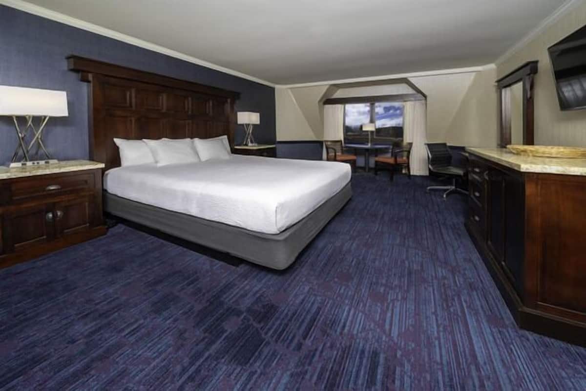 Une chambre d’hôtel avec un grand lit, un bureau et une vue sur l’extérieur.