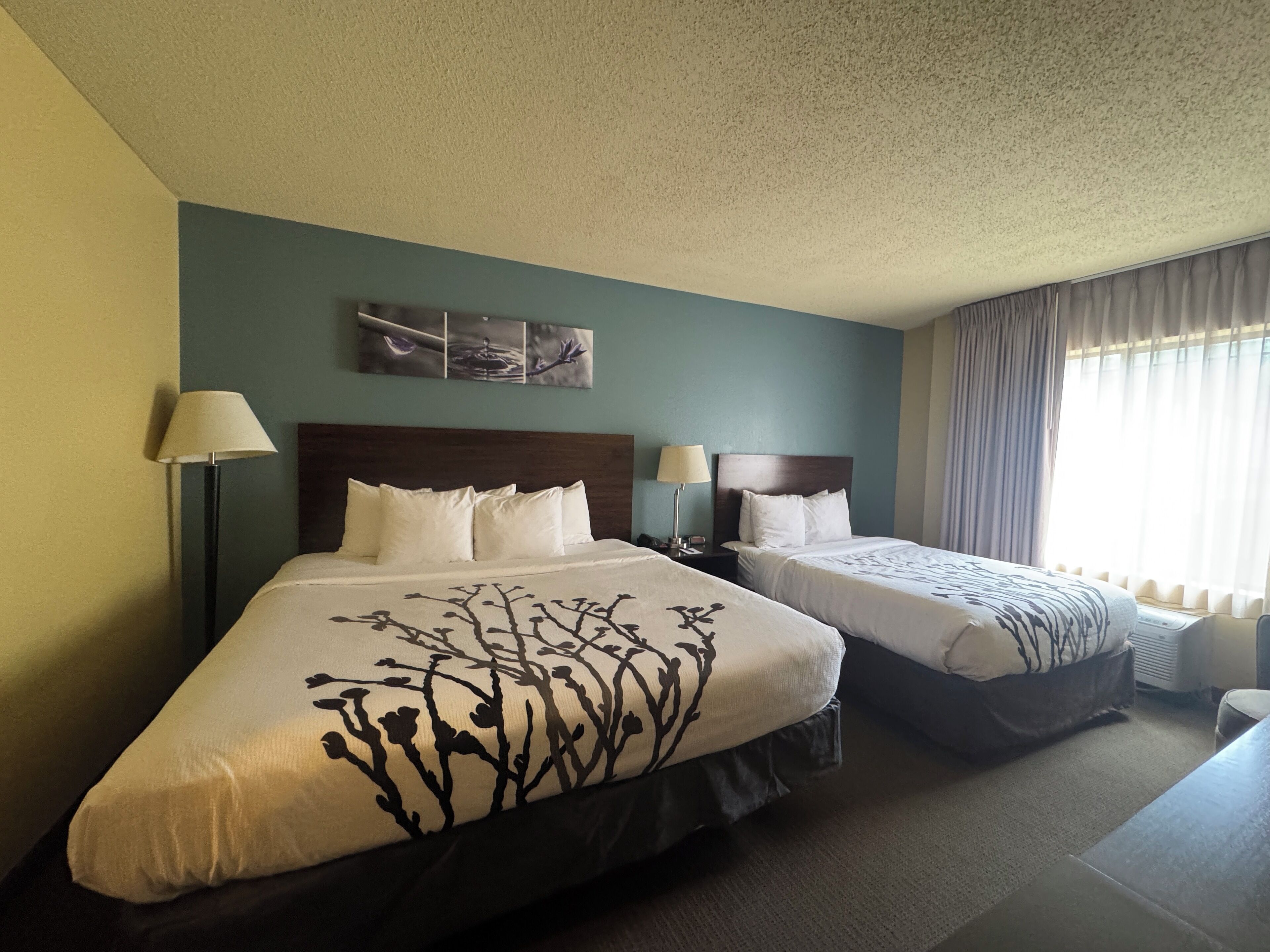 A hotel room with two beds, a nightstand, a lamp, and a painting on the wall.