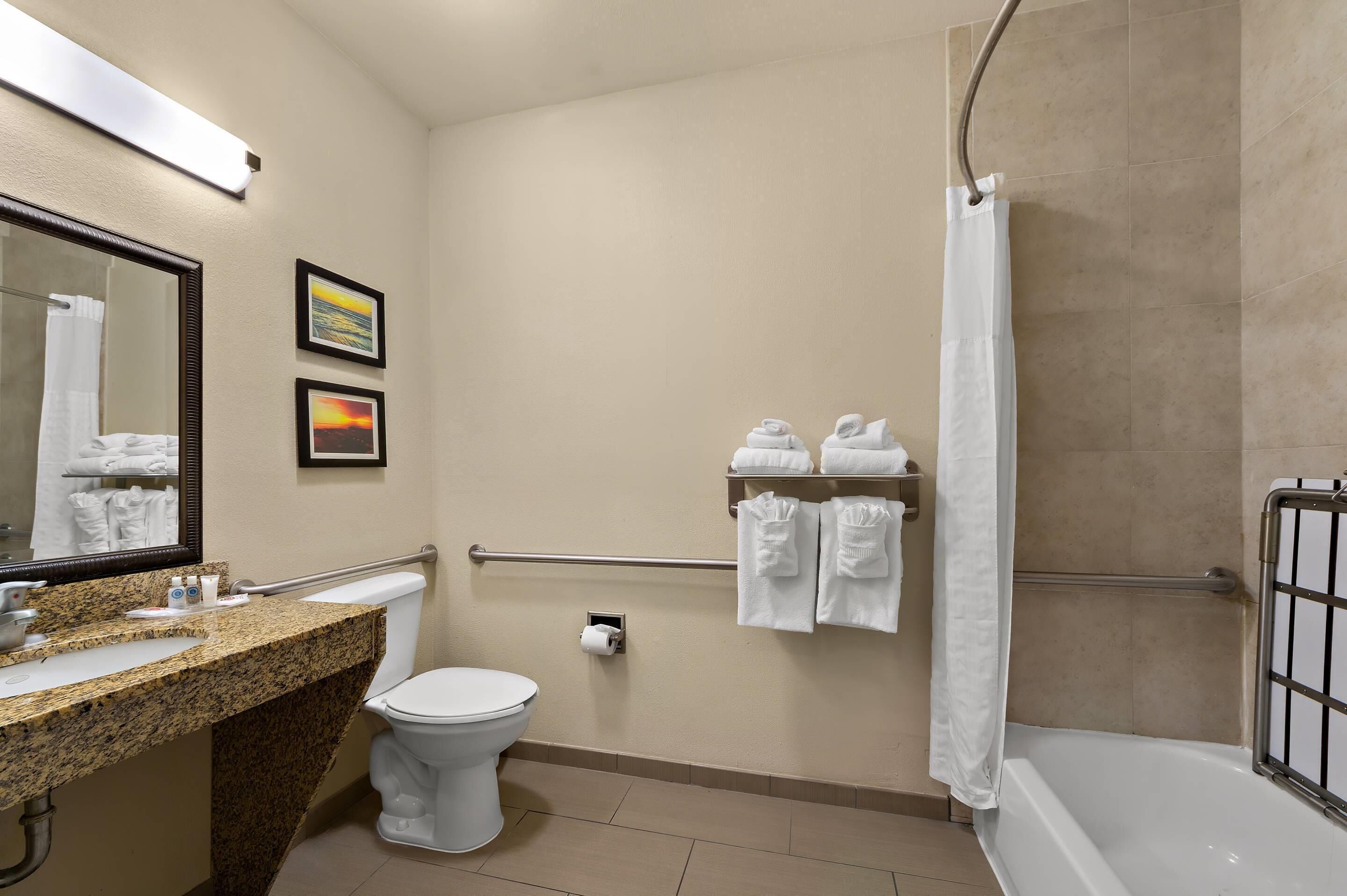 Une salle de bain comprenant des toilettes, un lavabo, un miroir, un porte-serviettes et un espace douche.