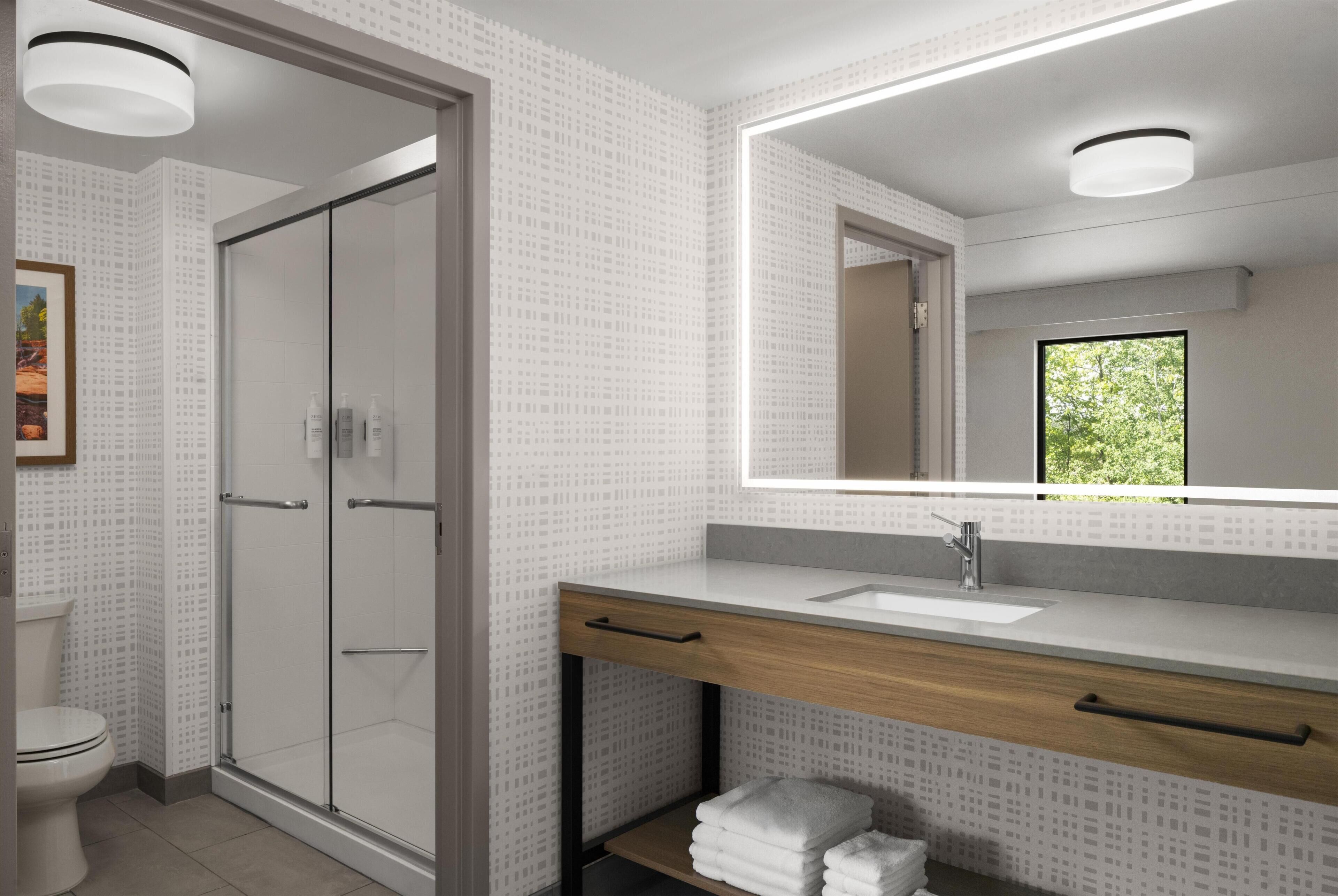 A modern bathroom with a glass shower door, a wooden vanity, a large mirror, and a view of greenery outside.