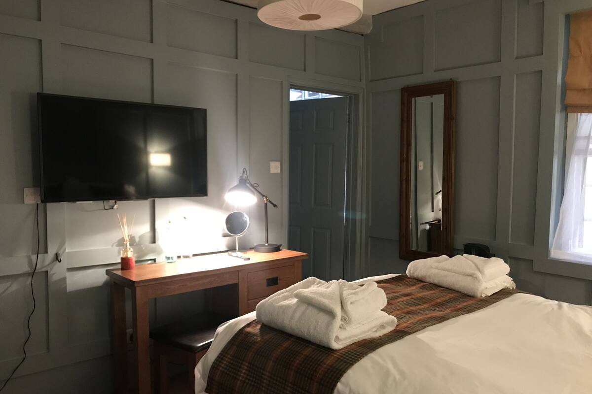Ein Schlafzimmer mit Bett, Schreibtisch, Fernseher, Spiegel und einer Tür.