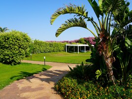 Un sendero en un jardín conduce a un pabellón, rodeado de abundante vegetación y plantas en flor.