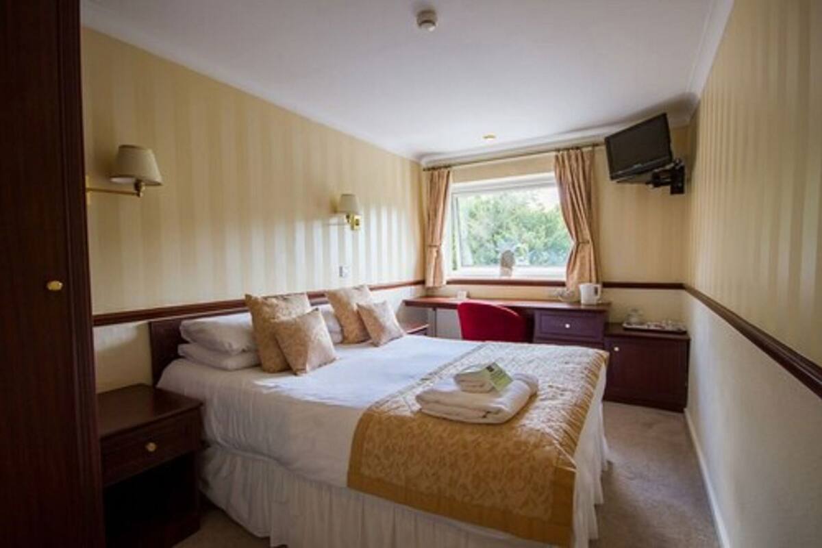 A hotel room with a bed, bedside table, lamp, desk, chair, window, and TV.