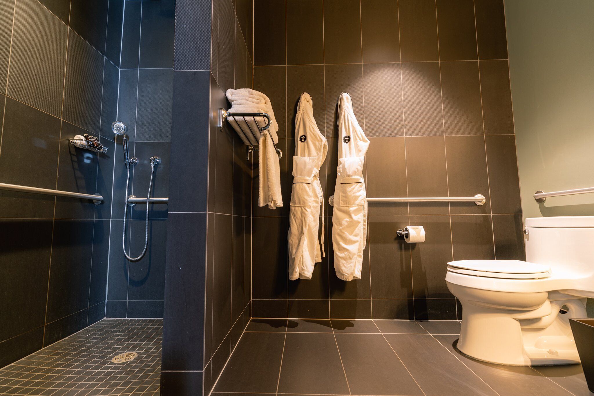 deluxe room, 1 king bed, accessible, non smoking | bathroom | shower, designer toiletries, hair dryer, bathrobes