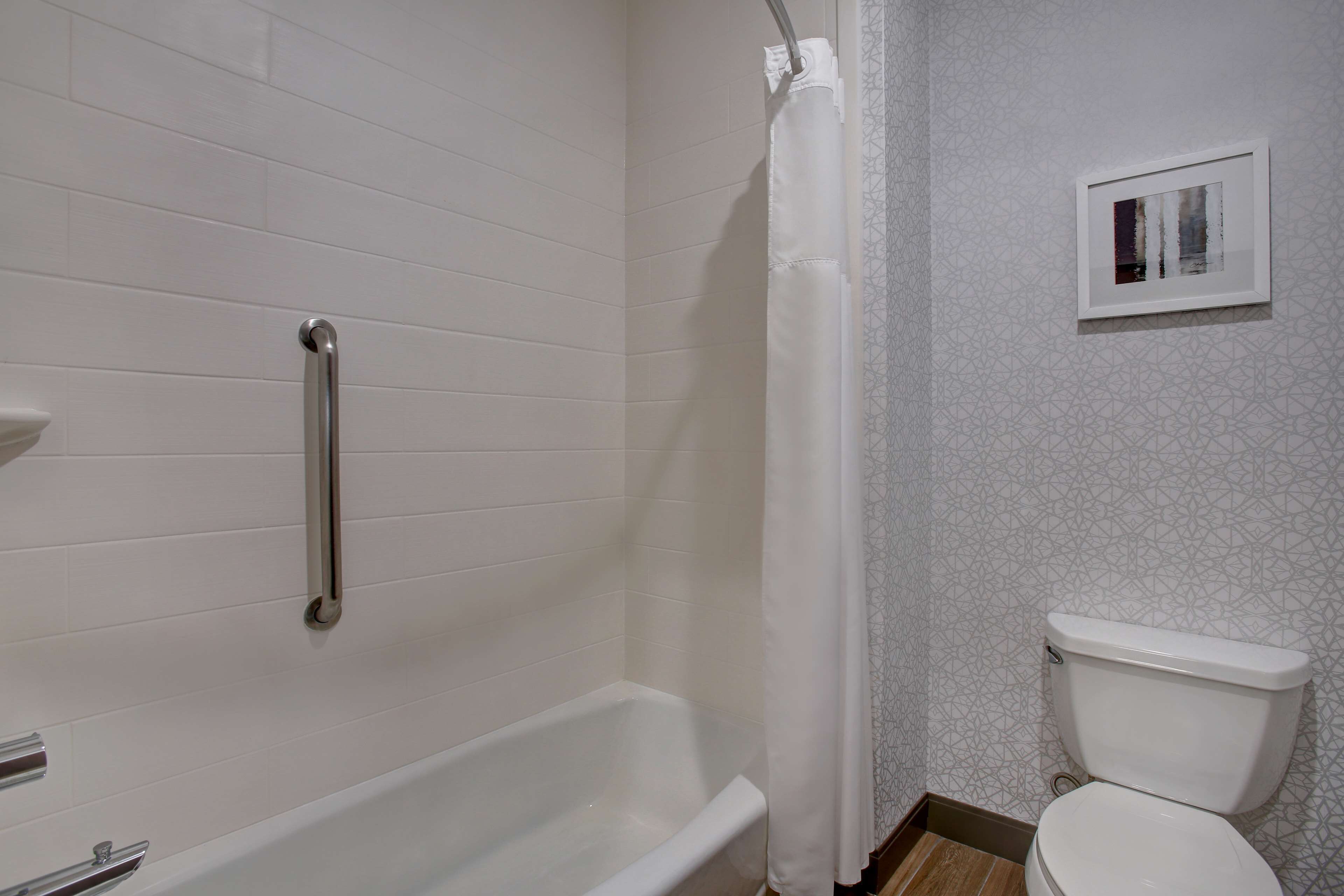 Un baño con bañera, inodoro, cortina de ducha y un cuadro en la pared.