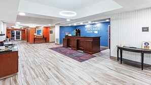 A hotel reception area with a blue wall, a reception desk, and a patterned rug.