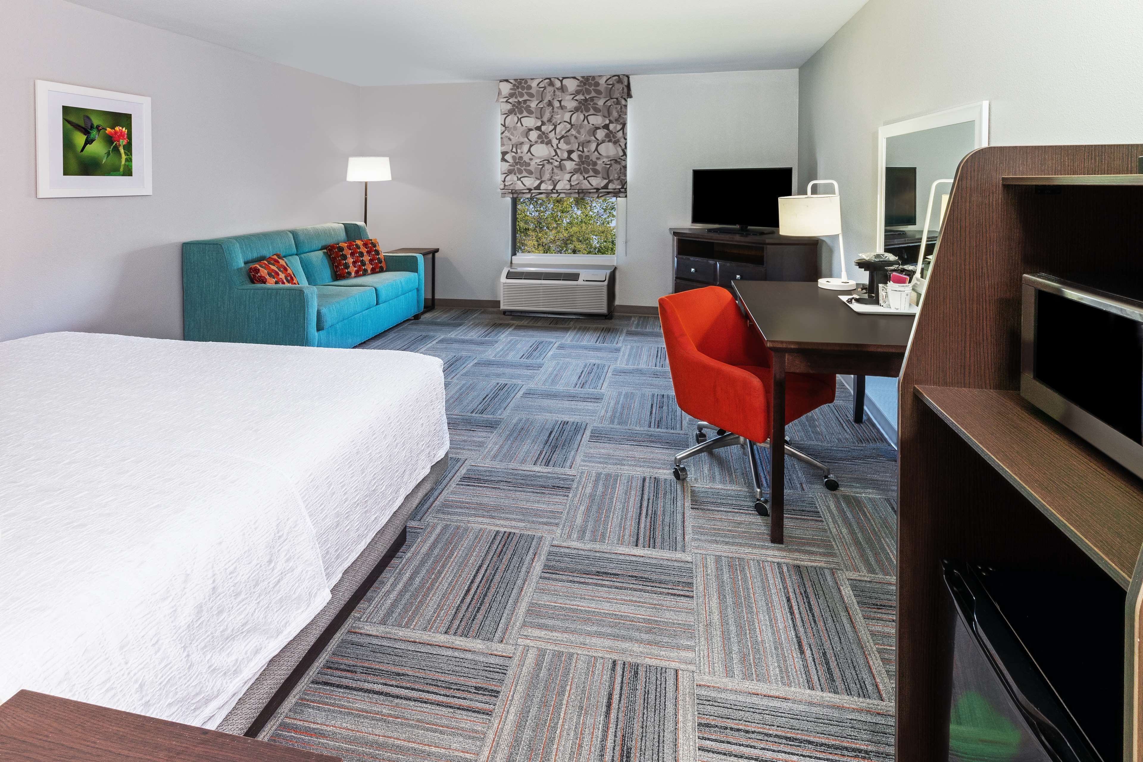 A hotel room with a bed, a desk, a chair, a TV, a lamp, and a window with a view of trees.