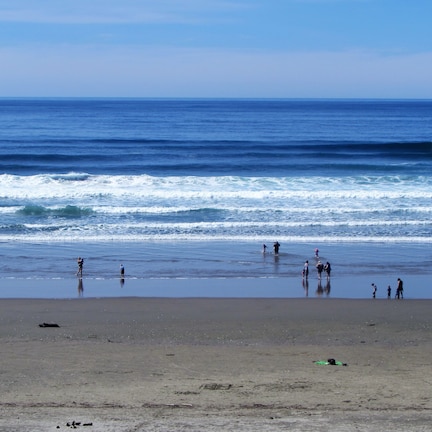 A beach with people walking along the shore, waves crashing onto the sand, and a distant boat.