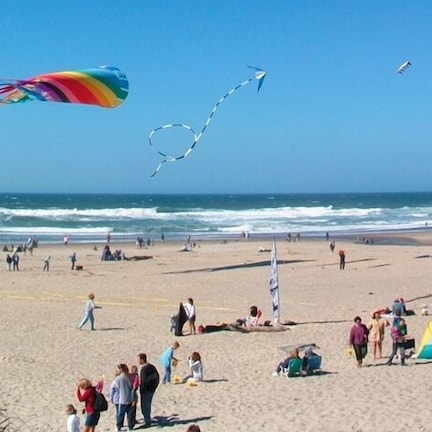 A beach with people, a colorful kite, and a tent.