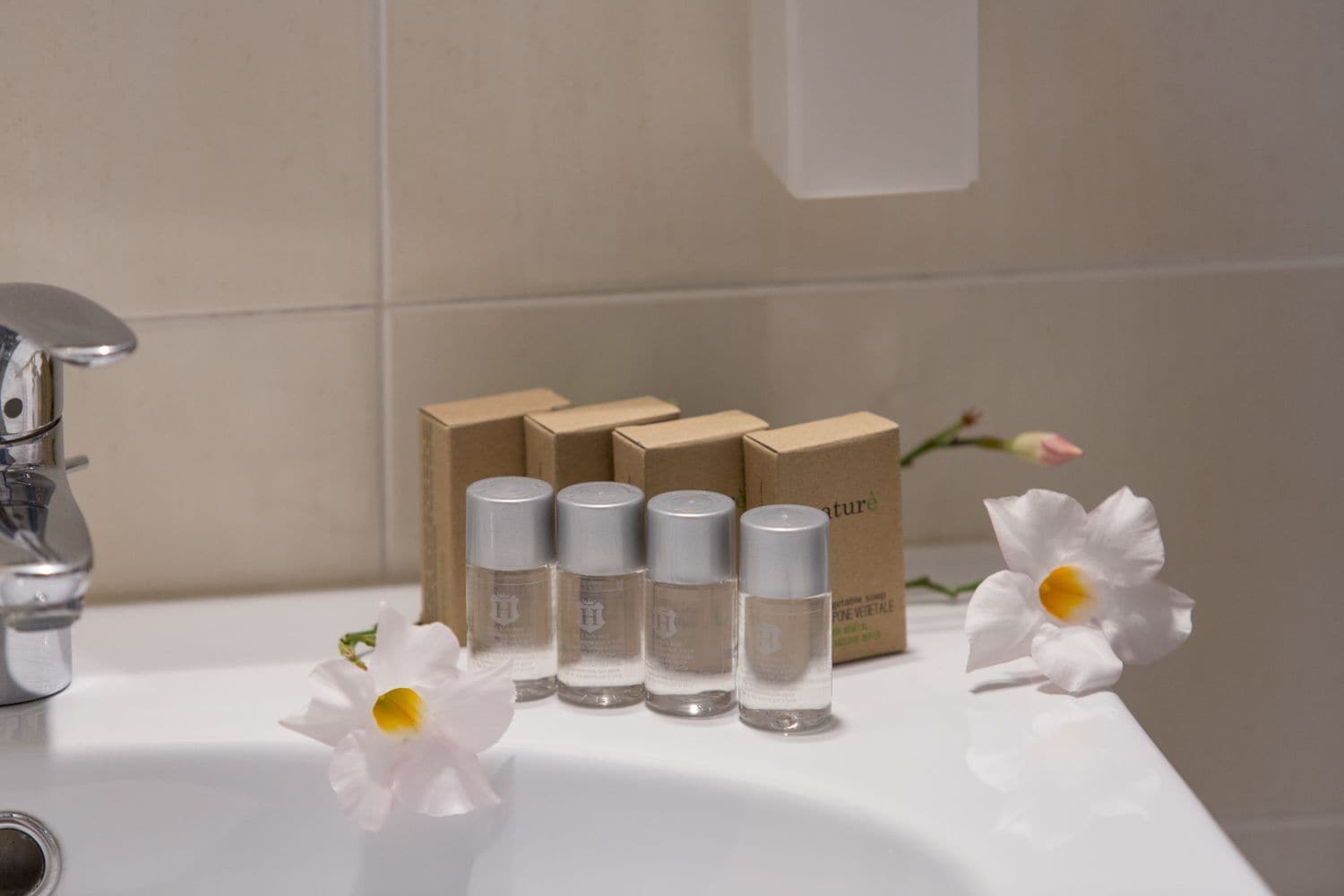 A bathroom sink with four bottles of lotion and a box labeled "nature" in the background.