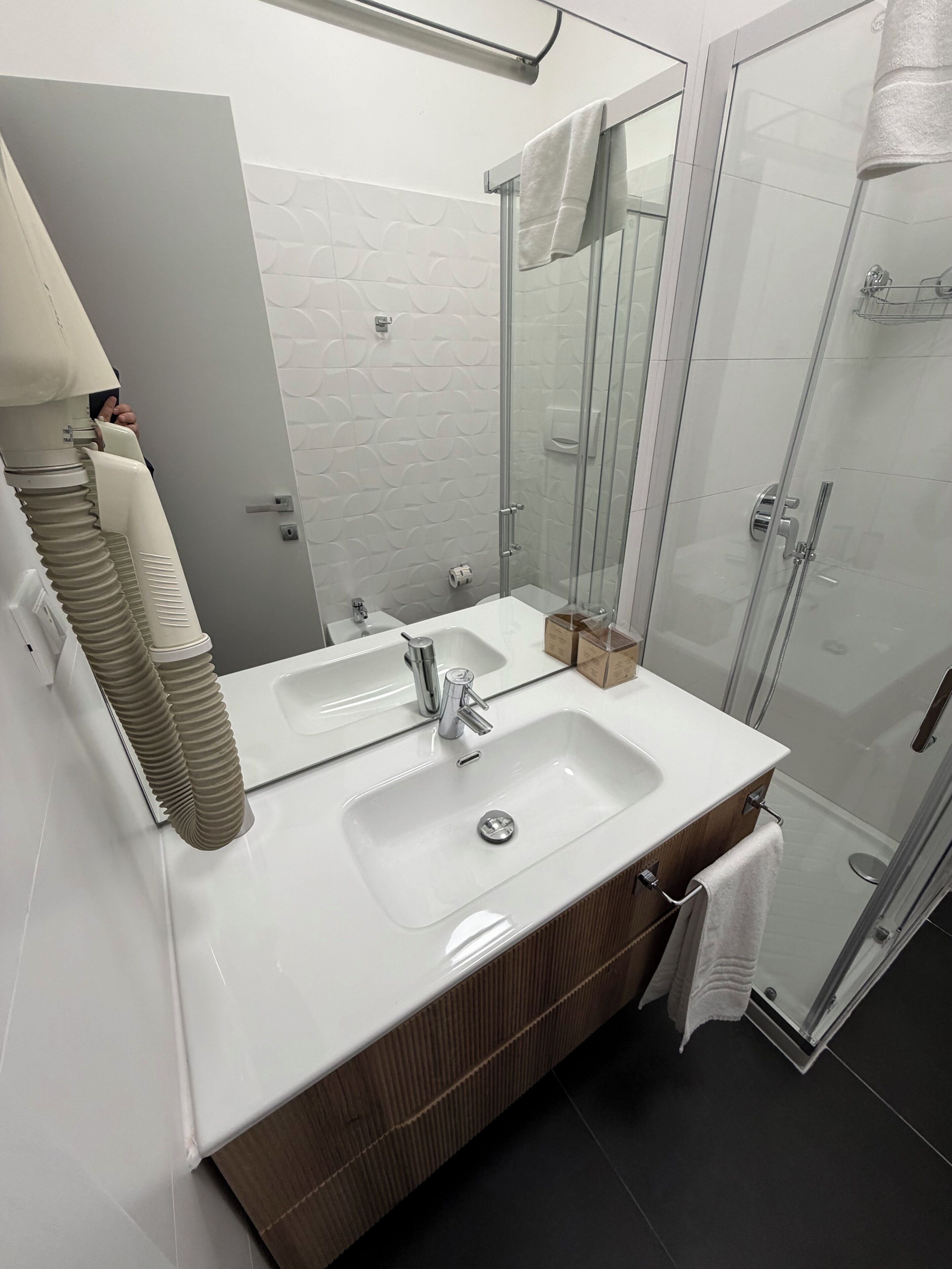 A modern bathroom with two sinks, a glass shower enclosure, and a mirror.