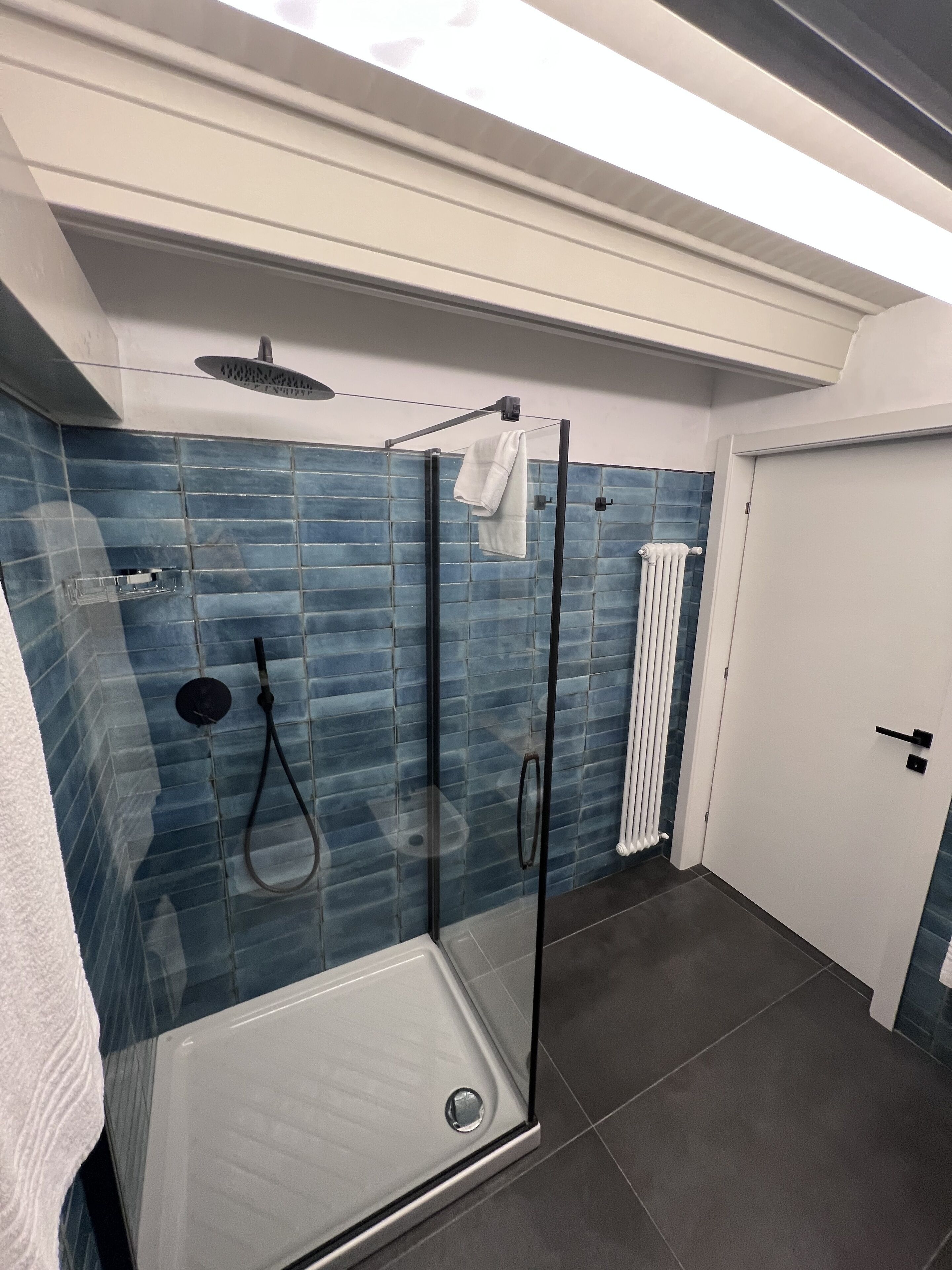 A modern bathroom with a glass shower enclosure, blue-tiled walls, a white door, and a visible towel rack.
