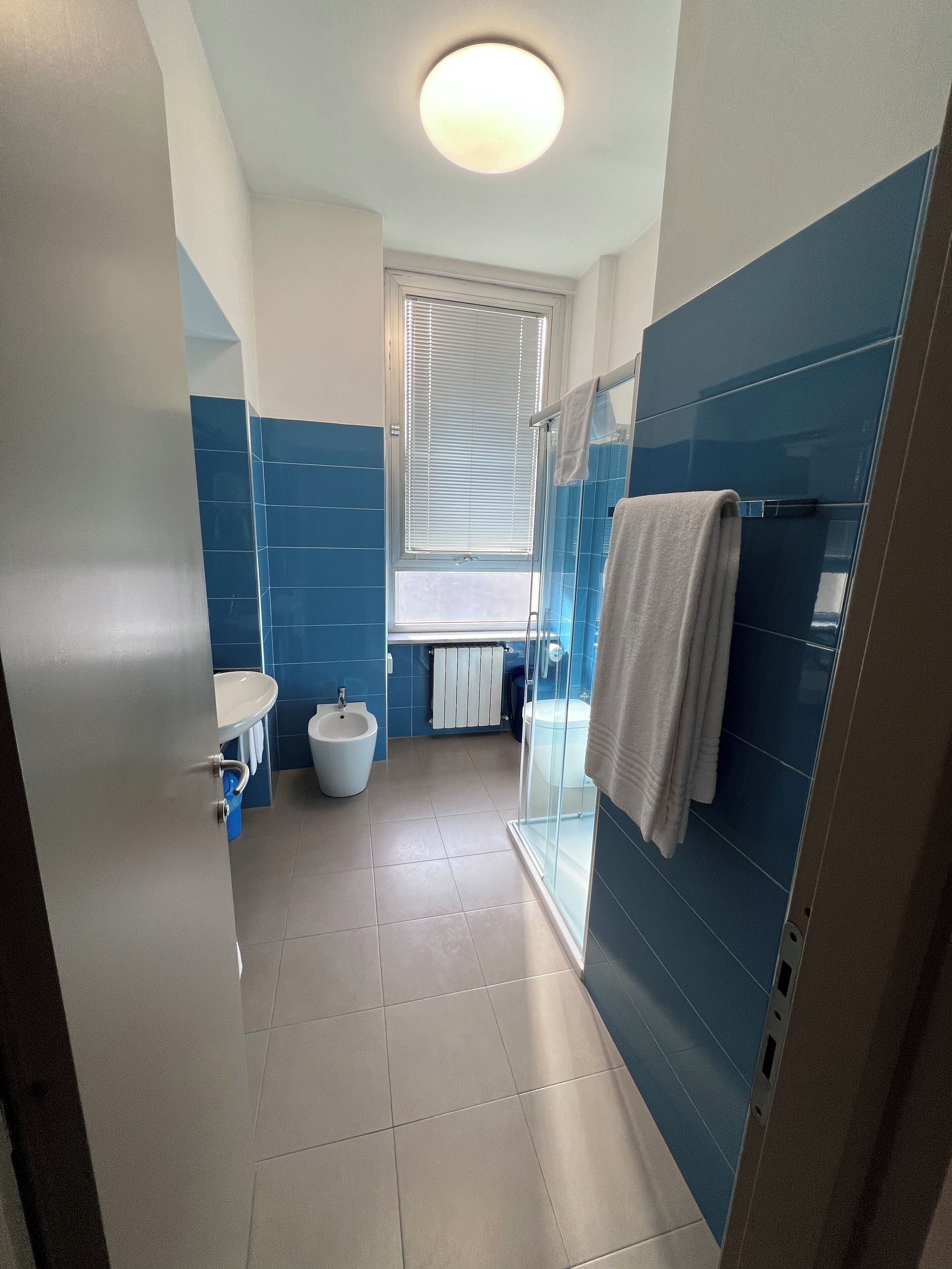 A modern bathroom with a bidet, a toilet, and a glass shower enclosure.