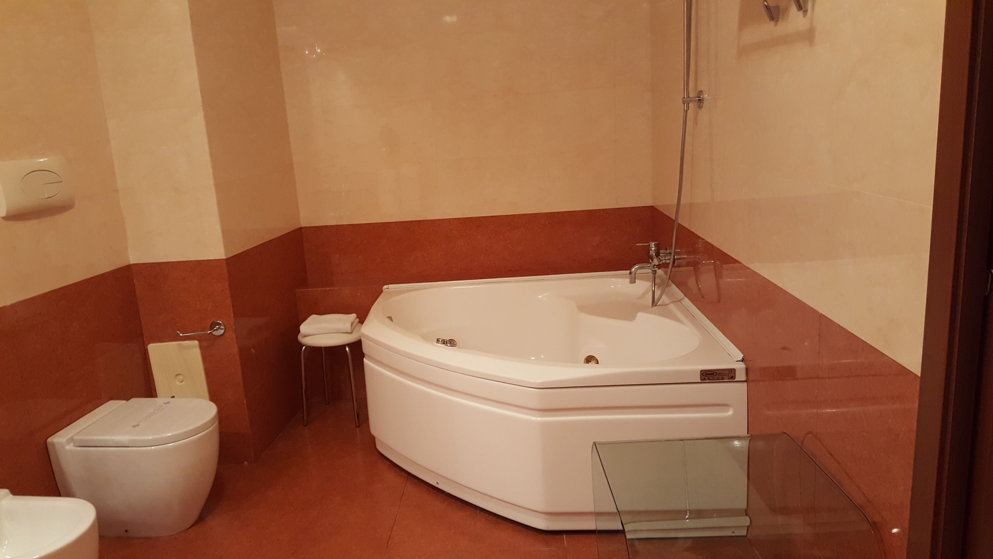 A bathroom with a white bathtub, a toilet, and a glass shower enclosure.