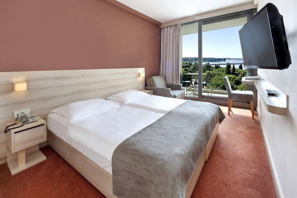 A hotel room with a large bed, a desk with a TV, and a view of the city.