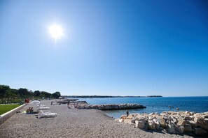 On the beach, sun-loungers, beach umbrellas