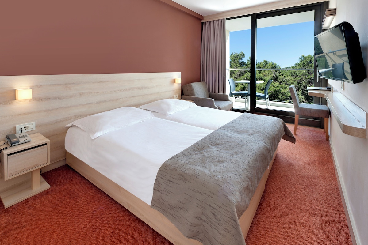 Habitación de hotel con una cama grande, un escritorio, una silla, un televisor y un balcón con vistas a árboles.