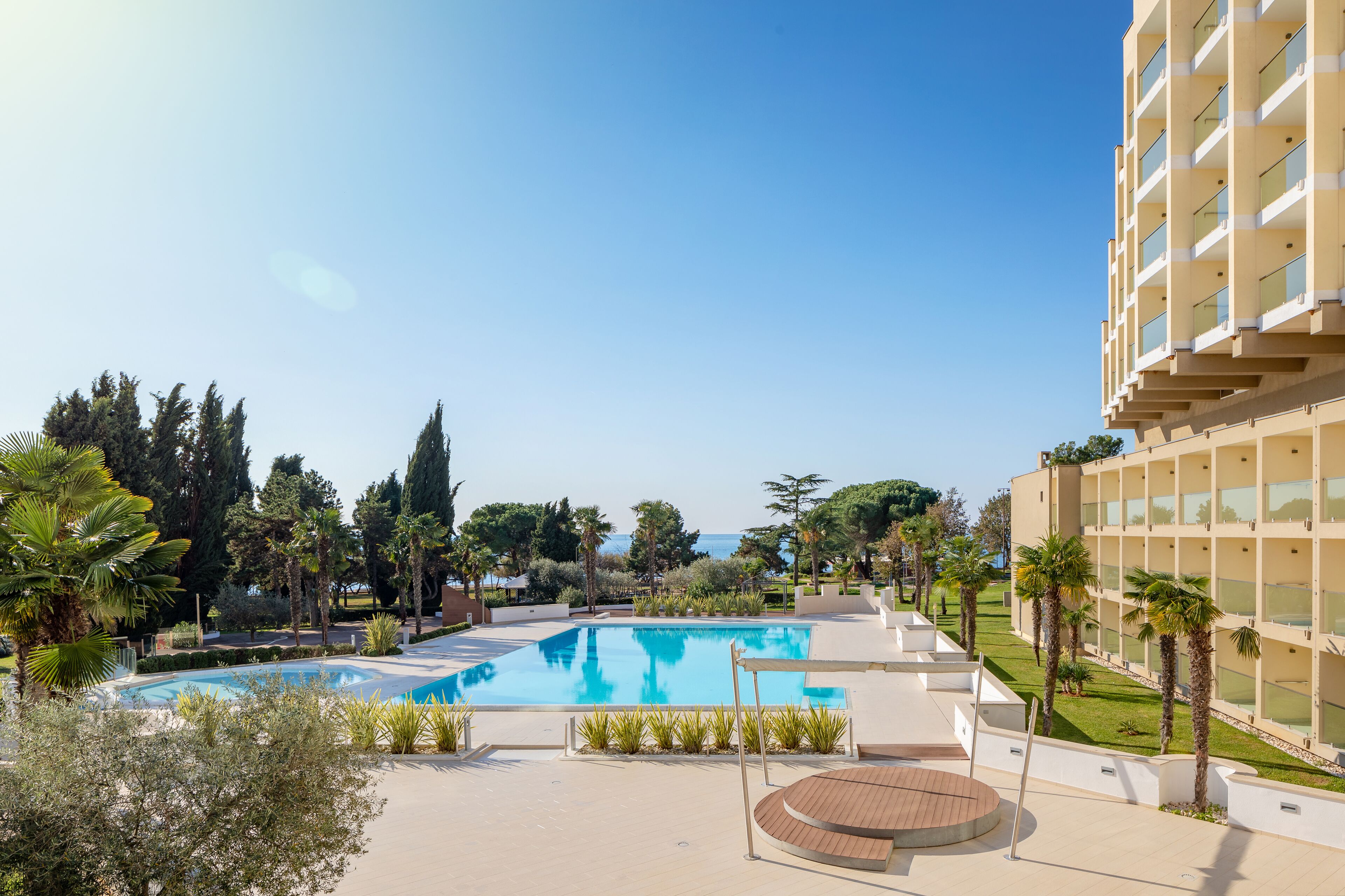 A swimming pool surrounded by greenery and a modern building.