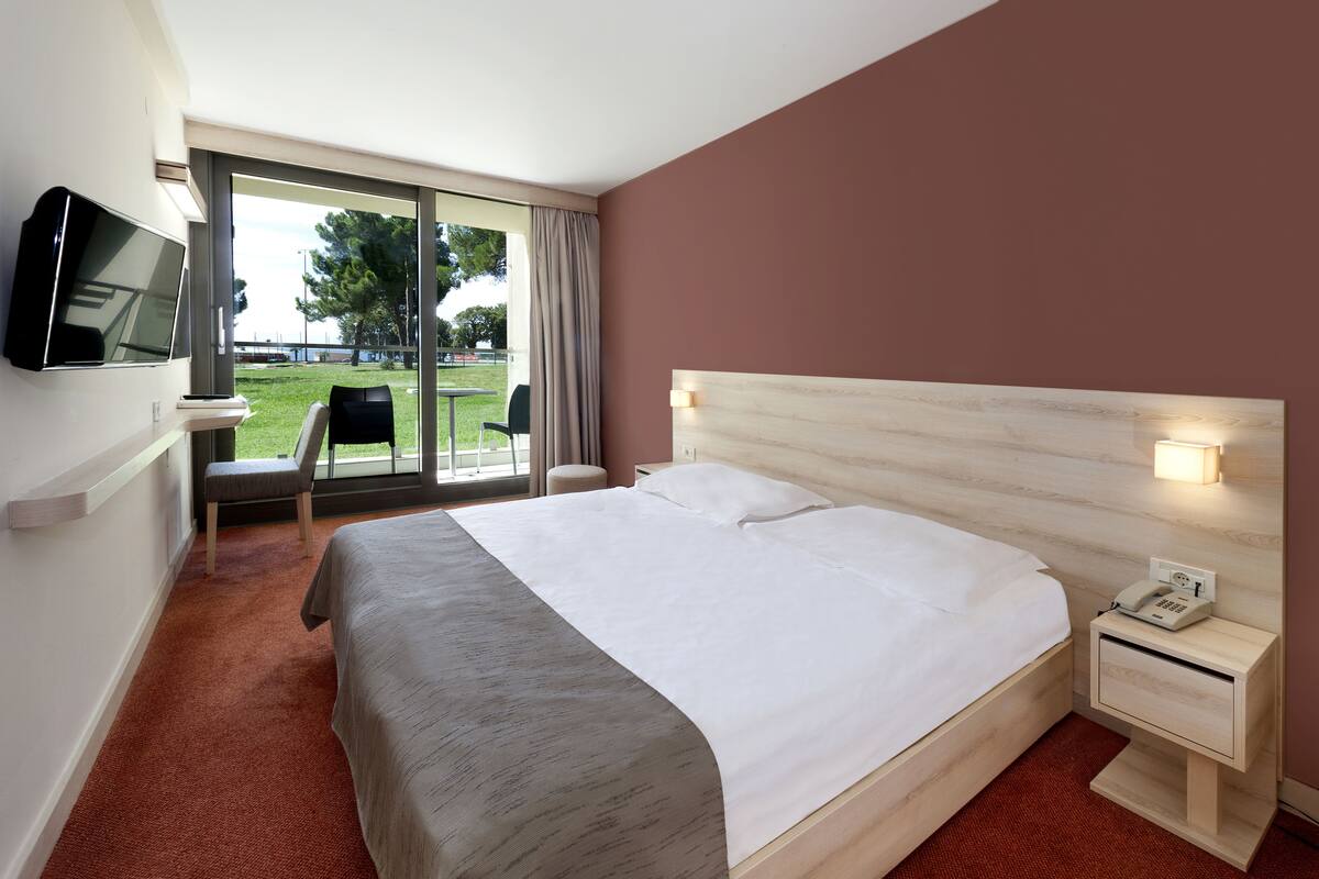 A hotel room with a large bed, a TV mounted on the wall, a bedside table with a phone, and a view of the outdoors through a sliding door.