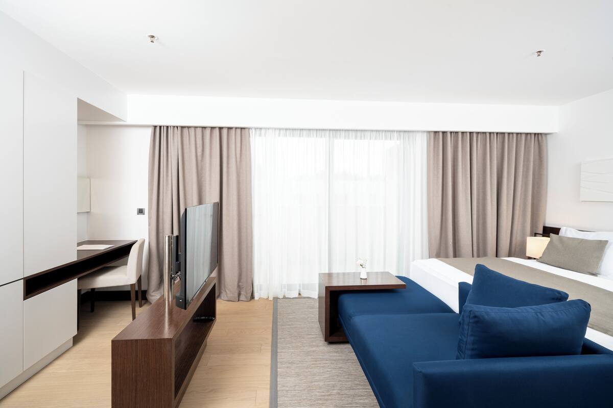 A modern hotel room with a bed, a sofa, a TV, and a desk.